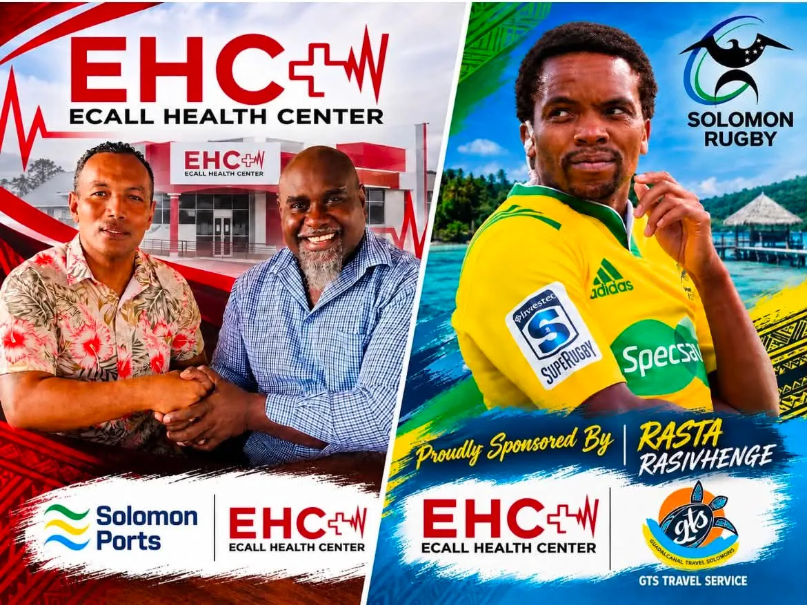eCall Health Center sponsorship flyer showing the Solomon Ports partnership handshake and rugby referee Rasta Rasivhenge in Solomon Rugby kit